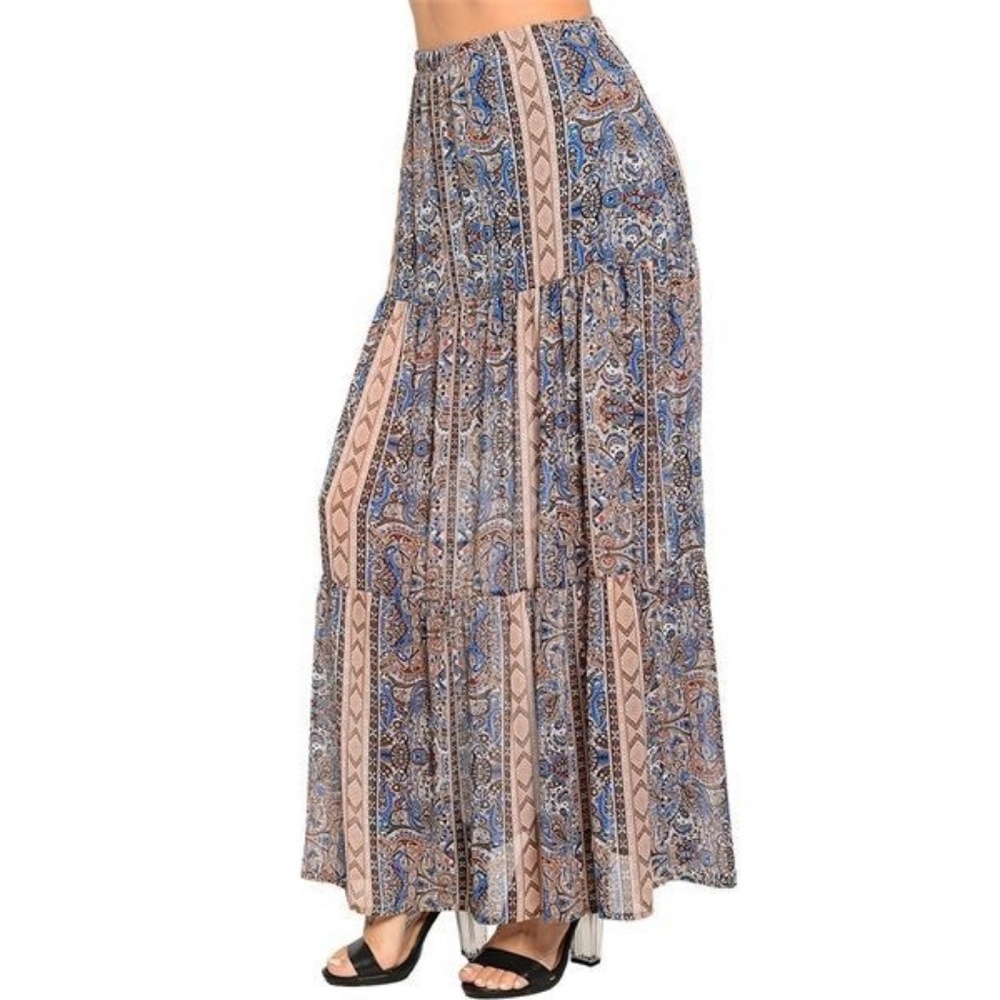 Boho Multi Floral Print Chiffon Tiered Maxi Skirt